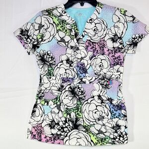 Life‎ is Peachy Floral Print Scrub Top Size XS V-Neck Pockets